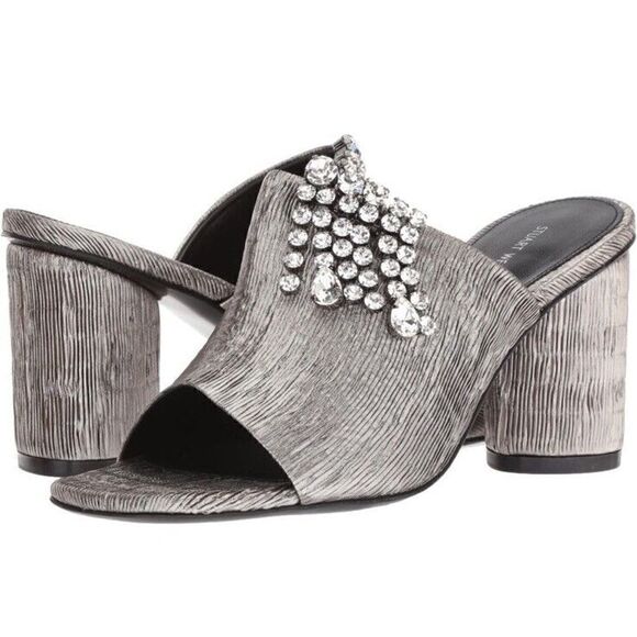 Stuart Weitzman Theone Argento Silver Pleated Lurex Block Heel Slides sz 7 m - Picture 1 of 12